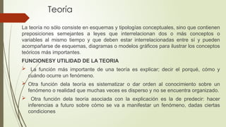 Teoría
La teoría no sólo consiste en esquemas y tipologías conceptuales, sino que contienen
preposiciones semejantes a leyes que interrelacionan dos o más conceptos o
variables al mismo tiempo y que deben estar interrelacionadas entre sí y pueden
acompañarse de esquemas, diagramas o modelos gráficos para ilustrar los conceptos
teóricos más importantes.
FUNCIONESY UTILIDAD DE LA TEORIA
 La función más importante de una teoría es explicar; decir el porqué, cómo y
cuándo ocurre un fenómeno.
 Otra función dela teoría es sistematizar o dar orden al conocimiento sobre un
fenómeno o realidad que muchas veces es disperso y no se encuentra organizado.
 Otra función dela teoría asociada con la explicación es la de predecir: hacer
inferencias a futuro sobre cómo se va a manifestar un fenómeno, dadas ciertas
condiciones
 