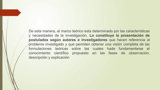 De esta manera, el marco teórico esta determinado por las características
y necesidades de la investigación. Lo constituye la presentación de
postulados según autores e investigadores que hacen referencia al
problema investigado y que permiten obtener una visión completa de las
formulaciones teóricas sobre las cuales hade fundamentarse el
conocimiento científico propuesto en las fases de observación,
descripción y explicación
 