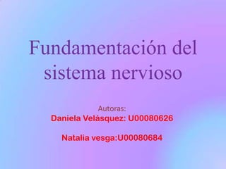 Fundamentación del
 sistema nervioso
              Autoras:
  Daniela Velásquez: U00080626

    Natalia vesga:U00080684
 