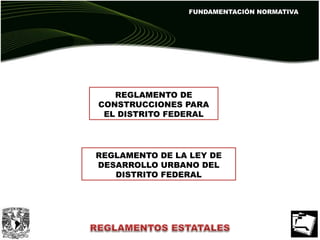 FUNDAMENTACIÓN NORMATIVA
REGLAMENTO DE
CONSTRUCCIONES PARA
EL DISTRITO FEDERAL
REGLAMENTO DE LA LEY DE
DESARROLLO URBANO DEL
DISTRITO FEDERAL
 