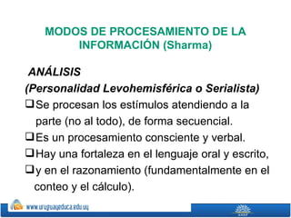 MODOS DE PROCESAMIENTO DE LA
        INFORMACIÓN (Sharma)

 ANÁLISIS
(Personalidad Levohemisférica o Serialista)
 Se procesan los estímulos atendiendo a la
  parte (no al todo), de forma secuencial.
 Es un procesamiento consciente y verbal.
 Hay una fortaleza en el lenguaje oral y escrito,
 y en el razonamiento (fundamentalmente en el
  conteo y el cálculo).
 
