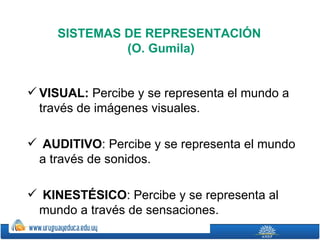 SISTEMAS DE REPRESENTACIÓN
              (O. Gumila)


 VISUAL: Percibe y se representa el mundo a
  través de imágenes visuales.

 AUDITIVO: Percibe y se representa el mundo
 a través de sonidos.

 KINESTÉSICO: Percibe y se representa al
 mundo a través de sensaciones.
 