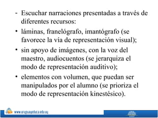- Escuchar narraciones presentadas a través de
  diferentes recursos:
• láminas, franelógrafo, imantógrafo (se
  favorece la vía de representación visual);
• sin apoyo de imágenes, con la voz del
  maestro, audiocuentos (se jerarquiza el
  modo de representación auditivo);
• elementos con volumen, que puedan ser
  manipulados por el alumno (se prioriza el
  modo de representación kinestésico).
 