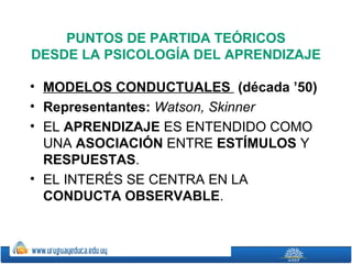 PUNTOS DE PARTIDA TEÓRICOS
DESDE LA PSICOLOGÍA DEL APRENDIZAJE

• MODELOS CONDUCTUALES (década ’50)
• Representantes: Watson, Skinner
• EL APRENDIZAJE ES ENTENDIDO COMO
  UNA ASOCIACIÓN ENTRE ESTÍMULOS Y
  RESPUESTAS.
• EL INTERÉS SE CENTRA EN LA
  CONDUCTA OBSERVABLE.
 