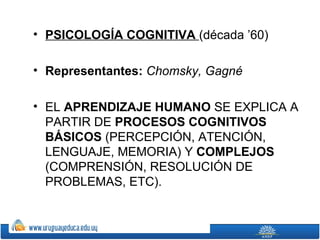 • PSICOLOGÍA COGNITIVA (década ’60)

• Representantes: Chomsky, Gagné

• EL APRENDIZAJE HUMANO SE EXPLICA A
  PARTIR DE PROCESOS COGNITIVOS
  BÁSICOS (PERCEPCIÓN, ATENCIÓN,
  LENGUAJE, MEMORIA) Y COMPLEJOS
  (COMPRENSIÓN, RESOLUCIÓN DE
  PROBLEMAS, ETC).
 