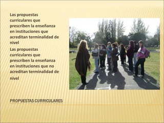 Las propuestas
curriculares que
prescriben la enseñanza
en instituciones que
acreditan terminalidad de
nivel
Las propuestas
curriculares que
prescriben la enseñanza
en instituciones que no
acreditan terminalidad de
nivel
 