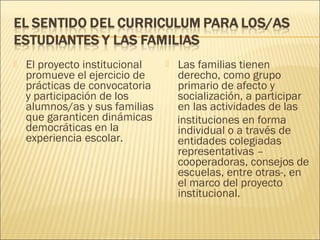    El proyecto institucional      Las familias tienen
    promueve el ejercicio de        derecho, como grupo
    prácticas de convocatoria       primario de afecto y
    y participación de los          socialización, a participar
    alumnos/as y sus familias       en las actividades de las
    que garanticen dinámicas        instituciones en forma
    democráticas en la              individual o a través de
    experiencia escolar.            entidades colegiadas
                                    representativas –
                                    cooperadoras, consejos de
                                    escuelas, entre otras-, en
                                    el marco del proyecto
                                    institucional.
 