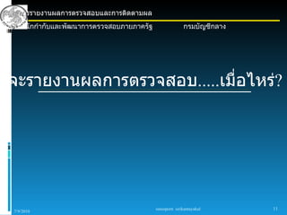 การรายงานผลการตรวจสอบและการติดตามผล
 สำานักกำากับและพัฒนาการตรวจสอบภายภาครัฐ                 กรมบัญชีกลาง




จะรายงานผลการตรวจสอบ.....เมื่อไหร่?




                                           sureeporn sirikantayakul     11
7/9/2010
 