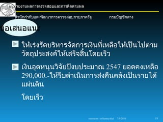 การรายงานผลการตรวจสอบและการติดตามผล

     สำานักกำากับและพัฒนาการตรวจสอบภายภาครัฐ                 กรมบัญชีกลาง


ข้อเสนอแนะ

        ให้เร่งรัดบริหารจัดการเงินที่เหลือให้เป็นไปตาม
        วัตถุประสงค์ให้เสร็จสิ้นโดยเร็ว
        เงินอุดหนุนวิจัยปีงบประมาณ 2547 ยอดคงเหลือ
        290,000.-ให้รีบดำาเนินการส่งคืนคลังเป็นรายได้
        แผ่นดิน
        โดยเร็ว

                                          sureeporn sirikantayakul   7/9/2010   19
 