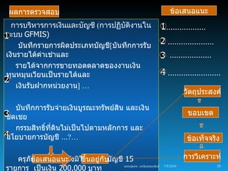 ผลการตรวจสอบ                                                        ข้อเสนอแนะ
  การบริหารการเงินและบัญชี (การปฏิบัติงานใน                     1
                                                                ....................
ระบบ GFMIS)
1
     บันทึกรายการผิดประเภทบัญชี[บันทึกการรับ
                                                                2 .....................
เงินรายได้ค่าเช่าและ                                            3 ...................
    รายได้จากการขายทอดตลาดของงานเงิน
ทุนหมุนเวียนเป็นรายได้และ                                       4 ........................
2
    เงินรับฝากหน่วยงาน] …
                                                                            วัตถุประสงค์

  บันทึกการรับจ่ายเงินบูรณะทรัพย์สิน และเงิน
3                                                                            ขอบเขต
ชดเชย
  กรรมสิทธิที่ดินไม่เป็นไปตามหลักการ และ
           ์
4
นโยบายการบัญชี …?…                                                           ข้อเท็จจริง

   ครุภัณฑ์บริจาค ยังมิได้บันทึกบัญชี 15
        ข้อเสนอแนะ ? ขึ้นอยู่กับ                                            การวิเคราะห์
รายการ เป็นเงิน 200,000 บาท          sureeporn sirikantayakul    7/9/2010                 20
 
