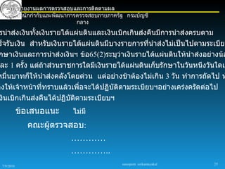 การรายงานผลการตรวจสอบและการติดตามผล
        สำานักกำากับและพัฒนาการตรวจสอบภายภาครัฐ กรมบัญชี
                               กลาง
 รนำาส่งเงินทังเงินรายได้แผ่นดินและเงินเบิกเกินส่งคืนมีการนำาส่งครบตาม
              ้
 ร็จรับเงิน สำาหรับเงินรายได้แผ่นดินมีบางรายการที่นำาส่งไม่เป็นไปตามระเบียบ
กษาเงินและการนำาส่งเงินฯ ข้อ65(2)ระบุว่าเงินรายได้แผ่นดินให้นำาส่งอย่างน้อ
 ละ 1 ครั้ง แต่ถ้าส่วนราชการใดมีเงินรายได้แผ่นดินเก็บรักษาในวันหนีงวันใดเก
หมื่นบาทก็ให้นำาส่งคลังโดยด่วน แต่อย่างช้าต้องไม่เกิน 3 วัน ทำาการถัดไป ท
จ้งให้เจ้าหน้าที่ทราบแล้วเพื่อจะได้ปฏิบัตตามระเบียบฯอย่างเคร่งครัดต่อไป
                                         ิ
 งินเบิกเกินส่งคืนได้ปฏิบัติตามระเบียบฯ
            ข้อเสนอแนะ      ไม่มี
              คณะผูตรวจสอบ:
                   ้
                        …………
                        …………..
                                              sureeporn sirikantayakul   25
 7/9/2010
 