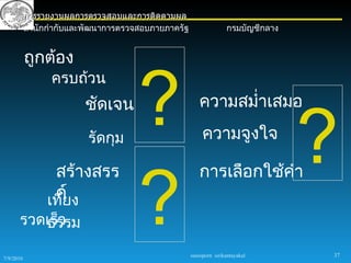 การรายงานผลการตรวจสอบและการติดตามผล
           สำานักกำากับและพัฒนาการตรวจสอบภายภาครัฐ                  กรมบัญชีกลาง


           ถูกต้อง


                                      ?
                 ครบถ้วน
                         ชัดเจน                         ความสมำ่าเสมอ

                          รัดกุม                          ความจูงใจ
                                                                                   ?
                                      ?
                 สร้างสรร                               การเลือกใช้คำา
                 ค์ ง
                เที่ย
      รวดเร็ว
         ธรรม
                                                     sureeporn sirikantayakul      37
7/9/2010
 