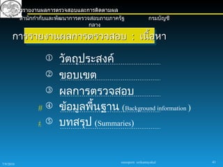 การรายงานผลการตรวจสอบและการติดตามผล
             สำานักกำากับและพัฒนาการตรวจสอบภายภาครัฐ                กรมบัญชี
                                        กลาง

      การรายงานผลการตรวจสอบ : เนื้อหา

                          วัตถุประสงค์
                          ขอบเขต
                          ผลการตรวจสอบ
                   #      ข้อมูลพืนฐาน (Background information )
                                   ้
                   #      บทสรุป (Summaries)


                                                  sureeporn sirikantayakul     41
7/9/2010
 
