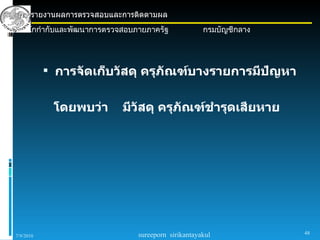 การรายงานผลการตรวจสอบและการติดตามผล
 สำานักกำากับและพัฒนาการตรวจสอบภายภาครัฐ             กรมบัญชีกลาง




            การจัดเก็บวัสดุ ครุภัณฑ์บางรายการมีปํญหา


            โดยพบว่า        มีวัสดุ ครุภณฑ์ชำารุดเสียหาย
                                        ั




                                sureeporn sirikantayakul            48
7/9/2010
 