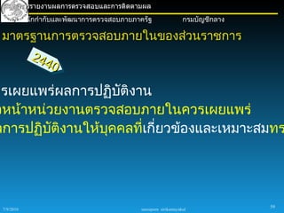 การรายงานผลการตรวจสอบและการติดตามผล
        สำานักกำากับและพัฒนาการตรวจสอบภายภาครัฐ                   กรมบัญชีกลาง

 มาตรฐานการตรวจสอบภายในของส่วนราชการ
               244
                   0

ารเผยแพร่ผลการปฏิบติงาน
                    ั
วหน้าหน่วยงานตรวจสอบภายในควรเผยแพร่
ลการปฏิบัติงานให้บคคลทีเกี่ยวข้องและเหมาะสมทร
                  ุ    ่




                                                                                 59
 7/9/2010                                   sureeporn sirikantayakul
 
