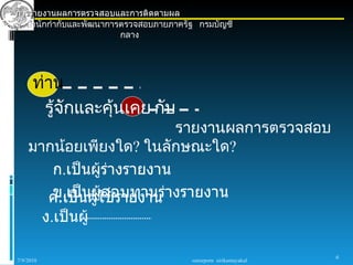 การรายงานผลการตรวจสอบและการติดตามผล
  สำานักกำากับและพัฒนาการตรวจสอบภายภาครัฐ กรมบัญชี
                         กลาง




      ท่าน
        รู้จักและคุ้นเคย กับ
                           รายงานผลการตรวจสอบ
    มากน้อยเพียงใด? ในลักษณะใด?
       ก.เป็นผู้ร่างรายงาน
      ค.เป็นผู้ใช้รายงาน างรายงาน
       ข.เป็นผู้สอบทานร่
           ง.เป็นผู้

                                                                   6
7/9/2010                                sureeporn sirikantayakul
 