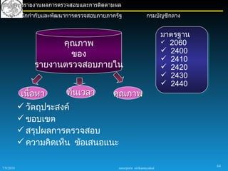 การรายงานผลการตรวจสอบและการติดตามผล
       สำานักกำากับและพัฒนาการตรวจสอบภายภาครัฐ                 กรมบัญชีกลาง


                                                                        มาตรฐาน
                       คุณภาพ                                            2060
                                                                         2400
                         ของ                                             2410
                 รายงานตรวจสอบภายใน                                      2420
                                                                         2430
                                                                         2440
            เนือหา
               ้        ทันเวลา   คุณภาพ
            วัตถุประสงค์
            ขอบเขต
            สรุปผลการตรวจสอบ
            ความคิดเห็น ข้อเสนอแนะ

                                                                                  64
7/9/2010                                     sureeporn sirikantayakul
 