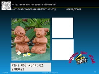 การรายงานผลการตรวจสอบและการติดตามผล
           สำานักกำากับและพัฒนาการตรวจสอบภายภาครัฐ               กรมบัญชีกลาง




             สุรีพร ศิริขันตยกุล : 02
             2700423
                                                                                66
7/9/2010                              sureeporn sirikantayakul
 