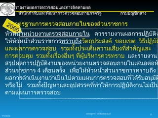 การรายงานผลการตรวจสอบและการติดตามผล
           สำานักกำากับและพัฒนาการตรวจสอบภายภาครัฐ                   กรมบัญชีกลาง

   20มาตรฐานการตรวจสอบภายในของส่วนราชการ
      60
   หัวหน้าหน่วยงานตรวจสอบภายใน ควรรายงานผลการปฏิบัติง
   ให้หัวหน้าส่วนราชการทราบถึงวัตถุประสงค์ ขอบเขต วิธีปฏิบัต
   และผลการตรวจสอบ รวมทั้งประเด็นความเสียงทีสำาคัญและ
                                              ่  ่
   การควบคุม รวมทังเรื่องอื่นๆ ทีผู้บริหารควรทราบ และรายงาน
                    ้            ่
   สรุปผลการปฏิบัติงานของหน่วยงานตรวจสอบภายในเสนอต่อห
   ส่วนราชการ 4 เดือนครั้ง เพื่อให้หวหน้าส่วนราชการทราบถึง
                                      ั
   ผลการดำาเนินงานว่าเป็นไปตามแผนการตรวจสอบทีได้รับอนุมต
                                                   ่        ั
   หรือไม่ รวมทังปัญหาและอุปสรรคที่ทำาให้การปฏิบัติงานไม่เป็น
                 ้
   ตามแผนการตรวจสอบ


                                          sureeporn sirikantayakul                  8
7/9/2010
 