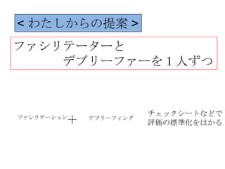 < わたしからの提案 >
ファシリテーターと
    デブリーファーを１人ずつ



                       チェックシートなどで
        ＋
ファシリテーション   デブリーフィング
                       評価の標準化をはかる
 
