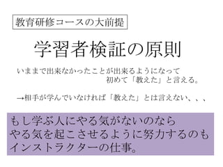 教育研修コースの大前提


  学習者検証の原則
いままで出来なかったことが出来るようになって
            初めて「教えた」と言える。

→相手が学んでいなければ「教えた」とは言えない、、、


もし学ぶ人にやる気がないのなら
やる気を起こさせるように努力するのも
インストラクターの仕事。
 