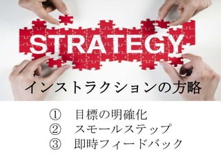 インストラクションの方略
 ① 目標の明確化
 ② スモールステップ
 ③ 即時フィードバック
 