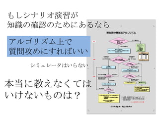 もしシナリオ演習が
知識の確認のためにあるなら

アルゴリズム上で
質問攻めにすればいい                                                 目標Ｓ Ｏ



                                                          ３分
                                                          ５分
                                                              ｐ ２
                                                        経過時間 Ｓ Ｏ
                                                          １分   ６
                                                               ７
                                                               ８
                                                                ｐ ２
                                                                ０％
                                                                ０％
                                                                ０％
                                                         １０分   ９０％
                                                        ９ ％は超えないように
                                                         ５


                                                     なし



  シミュレータはいらない
                                          努力呼吸と


                                             努力呼吸と中心性
                                             チアノーゼあり




                                                     なし
                                          努力呼吸と




本当に教えなくては
                                             努力呼吸と中心性
                                             チアノーゼあり




                                                  ・努力呼吸のみ続く場合は原因検索
                                                   とＣＰＡＰを検討
                                                  ・中心性チアノーゼのみ続く場合は
                                                   チア ーゼ性心 患を鑑別する
                                                     ノ    疾




いけないものは？        人工呼吸と胸骨圧迫に加えて以下の実施を検討する




                             ｃ日本周 期・新 児医学会
                                 産   生
 