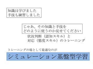 知識は学びました
手技も練習しました


    じゃあ、その知識と手技を
    どのように使うのか見せてください
     状況判断（認知スキル）と
     対応（態度スキル）のトレーニング

トレーニングの場として最適なのが

シミュレーション基盤型学習
 