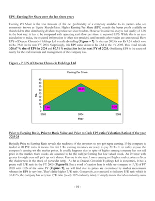 EPS –Earning Per Share over the last three years

Earning Per Share is the true measure of the net profitability of a company available to its owners who are
commonly known as Equity Shareholders. Higher Earning Per Share (EPS) reveals the better profit available to
shareholders after distributing dividend to preference share holders. However in order to analyze real quality of EPS
in the best way, it has to be compared with operating cash flow per share to reported EPS. While this is an easy
calculation to make, the required information is often not provided until months after results are announced. Here
EPS of Deccan Chronicle Holdings Ltd is really dwindling (Figure – 7). In the year 2003 it was Rs 9.24. which rose
to Rs. 39.61 in the next FY 2004. Surprisingly, this EPS came down to Rs 7.64 in the FY 2005. This trend reveals
328.67 % rise of EPS in 2004 and 80.71 % reduction in the next FY of 2005. Oscillating EPS is the cause of
worry for the real investors and management of the company too.


Figure – 7 EPS of Deccan Chronicle Holdings Ltd

                                                  Earning Per Share

                            45
                            40
                            35
                            30                             39.61
                            25
                      Rs.




                            20
                            15
                            10
                             5 7.64                                                     9.24
                             0
                             2005                          2004                            2003
                                                           Year




Price to Earning Ratio, Price to Book Value and Price to Cash EPS ratio (Valuation Ratios) of the year
2003-05

Basically Price to Earning Ratio reveals the readiness of the investors to pay per rupee earning. If the company is
traded at 20 P/E ratio, it means that for 1 Rs. earning investors are ready to pay 20 Rs. It in reality expose the
company’s earning wit the market prices. It usually happens that in spite of higher earning company has not tall
price in the market. Such stocks are assumed to be the well-performing but low-valued stock. An investor with
greater foresight ness will pick up such shares. Reverse is also true. Lower earning and higher market prices reflects
the shallowness in the stock of particular scrip. As far as Deccan Chronicle Holdings Ltd is concerned, it has a
pretty well P/E ratio in the FY 2005 (Figure-8). But a word of caution here is while we compare its P/E of FY
2005 with EPS of the same FY (Figure- 9), we will find that its prices are overvalued by market movements
whereas its EPS is very low. That’s drive higher P/E ratio. Conversely, as compared to industry P/E ratio which is
37.43 %, the company has very low P/E ratio (nearly 50 % industry ratio). It simply means that when industry earns


                                                        - 10 -
 