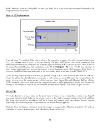 100 Rs. Deccan Chronicle Holdings Ltd. can earn only 50 Rs. So, it is one other disheartening fundamental of the
company under consideration.

Figure – 9 Valuation ratios


                                                  Valuation Ratio




                                                                                      16.01
                      Price/Cash EPS


                        Price to Book           2.26
                            Value


                             P/E ratio                                            19.04


                                         0         5            10           15               20




If we talk about Price to Book Value ratio it refers to the proportion of market price of a company's shares (share
price) over its book value of equity., it has two meaning. The lower P/BV means either stock is undervalued or
something is fundamentally wrong with the company especially industry P/BV is relatively higher. Here, P/BV of
the Deccan Chronicle Holdings Ltd. is 2.26 times in the FY 2005 (Figure – 9). It has probably two meanings. It
either reveals undervaluation of stock of the company or overvaluation the assets of the company. If the former is
true there should have been large buying rally in the stock market which is not seen up to 16th March, 2006.

Cash is the king and the company that does not generate enough cash is on its deathbed. Price to Cash EPS ratio
reveals the relationship of market price as compared to cash earning per share. The higher the ratio, the higher the
market price or lower the earning capacity of the company. Here, Deccan Chronicle Holdings Ltd has a higher
P/CEPS ratio of 16.01 which means that the company is traded at higher prices than it should have been or the
earnings of the company is very low. So fundamentally speaking, the company’s performance is quite doubtful.


HT MEDIA

HT Media Limited is a major player in the print media in India. It has a leadership position in the English
newspaper market in North India and the second position in the Hindi newspaper market in the North and East.
The group now intends to consolidate itself as a vibrant and modern media powerhouse through strategic
partnerships, ever-increasing scope of operations and a consumer focused approach.

Hindustan Times, the flagship publication from the group, was inaugurated by Mahatma Gandhi in 1924 and has
established its presence as a newspaper with editorial excellence and integrity.




                                                       - 11 -
 