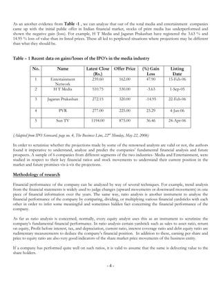 As an another evidence from Table -1 , we can analyze that out of the total media and entertainment companies
came up with the initial public offer in Indian financial market, stocks of print media has underperformed and
shown the negative gain (loss). For example, H T Media and Jagaran Prakashan have registered the 3.63 % and
14.95 % loss of value than its listed prices. These all led to perplexed situations where projections may be different
than what they should be.


Table – 1 Recent data on gains/losses of the IPO’s in the media industry

            No.            Name               Latest Close      Offer Price      (%) Gain         Listing
                                                  (Rs.)                            Loss            Date
             1         Entertainment             239.60            162.00          47.90         15-Feb-06
                         Network
             2          H T Media                 510.75           530.00           -3.63         1-Sep-05

             3       Jagaran Prakashan            272.15           320.00           -14.95       22-Feb-06

             4              PVR                   277.00           225.00           23.29         4-Jan-06

             5             Sun TV                1194.00           875.00           36.46        24-Apr-06


(Adapted from IPO Scorecard, page no. 4, The Business Line, 22nd Monday, May 22, 2006)

In order to scrutinize whether the projections made by some of the renowned analysts are valid or not, the authors
found it imperative to understand, analyze and predict the companies’ fundamental financial analysis and future
prospects. A sample of 6 companies from different segments of the two industries- Media and Entertainment, were
studied in respect to their key financial ratios and stock movements to understand their current position in the
market and future promises vis-à-vis the projections.

Methodology of research

Financial performance of the company can be analyzed by way of several techniques. For example, trend analysis
from the financial statements is widely used to judge changes (upward movements or downward movements) in one
piece of financial information over the years. The same way, ratio analysis is another instrument to analyze the
financial performance of the company by comparing, dividing, or multiplying various financial yardsticks with each
other in order to infer some meaningful and sometimes hidden fact concerning the financial performance of the
company.

As far as ratio analysis is concerned, normally, every equity analyst uses this as an instrument to scrutinize the
company’s fundamental financial performance. In ratio analysis certain yardstick such as sales to asset ratio, return
on equity, Profit before interest, tax, and depreciation, current ratio, interest coverage ratio and debt equity ratio are
rudimentary measurements to deduce the company’s financial position. In addition to these, earning per share and
price to equity ratio are also very good indicators of the share market price movements of the business entity.

If a company has performed quite well on such ratios, it is valid to assume that the same is delivering value to the
share holders.

                                                           -4-
 