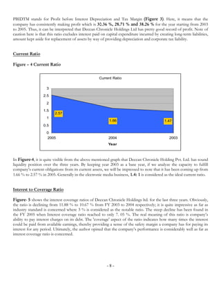 PBIDTM stands for Profit before Interest Depreciation and Tax Margin (Figure 3). Here, it means that the
company has consistently making profit which is 30.36 %, 28.71 % and 38.26 % for the year starting from 2003
to 2005. Thus, it can be interpreted that Deccan Chronicle Holdings Ltd has pretty good record of profit. Note of
caution here is that this ratio excludes interest paid on capital expenditure incurred by creating long-term liabilities,
amount kept aside for replacement of assets by way of providing depreciation and corporate tax liability.


Current Ratio

Figure – 4 Current Ratio


                                                     Current Ratio

                    3

                  2.5

                    2

                  1.5
                         2.57
                    1
                                                           1.66                              1.47
                  0.5

                    0
                    2005                                   2004                                 2003
                                                           Year



In Figure-4, it is quite visible from the above mentioned graph that Deccan Chronicle Holding Pvt. Ltd. has sound
liquidity position over the three years. By keeping year 2003 as a base year, if we analyze the capacity to fulfill
company’s current obligations from its current assets, we will be impressed to note that it has been coming up from
1.66 % to 2.57 % in 2005. Generally in the electronic media business, 1.4: 1 is considered as the ideal current ratio.


Interest to Coverage Ratio

Figure- 5 shows the interest coverage ratios of Deccan Chronicle Holdings ltd. for the last three years. Obviously,
the ratio is declining from 11.88 % to 10.67 % from FY 2003 to 2004 respectively; it is quite impressive as far as
industry standard is concerned where 3 % is considered as the notable ratio. The steep decline has been found in
the FY 2005 when Interest coverage ratio reached to only 7. 05 %. The real meaning of this ratio is company’s
ability to pay interest charges on its debt. The 'coverage' aspect of the ratio indicates how many times the interest
could be paid from available earnings, thereby providing a sense of the safety margin a company has for paying its
interest for any period. Ultimately, the author opined that the company’s performance is considerably well as far as
interest coverage ratio is concerned.




                                                          -8-
 
