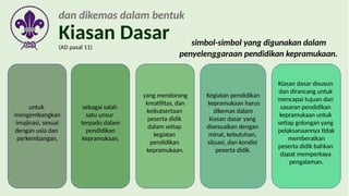 dan dikemas dalam bentuk
Kiasan Dasar
(AD pasal 11)
simbol-simbol yang digunakan dalam
penyelenggaraan pendidikan kepramukaan.
sebagai salah
satu unsur
terpadu dalam
pendidikan
kepramukaan,
yang mendorong
kreatifitas, dan
keikutsertaan
peserta didik
dalam setiap
kegiatan
pendidikan
kepramukaan.
Kegiatan pendidikan
kepramukaan harus
dikemas dalam
kiasan dasar yang
disesuaikan dengan
minat, kebutuhan,
situasi, dan kondisi
peserta didik.
Kiasan dasar disusun
dan dirancang untuk
mencapai tujuan dan
sasaran pendidikan
kepramukaan untuk
setiap golongan yang
pelaksanaannya tidak
memberatkan
peserta didik bahkan
dapat memperkaya
pengalaman.
untuk
mengembangkan
imajinasi, sesuai
dengan usia dan
perkembangan,
 