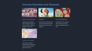 Immune Disorders and Diseases
Autoimmune Diseases
Exploring the bewildering
class of diseases where the
immune system mistakenly
attacks the body's own
tissues.
Allergies
Delving into the hypersensitive
immune responses that cause
discomfort and even serious
reactions.
Immunodeficiencies
Understanding the conditions
where the immune system
fails to adequately protect the
body.
Cancer Immunology
Discovering innovative
approaches that harness the
immune system's ability to
target cancer cells.
 