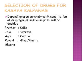  Depending upon panchabhoutik constitution
of drug type of kasaya kalpana will be
decided
Pruthavi : Kalka
Jala : Swarasa...