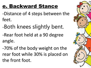 e. Backward Stance
-Distance of 4 steps between the
feet.
-Both knees slightly bent.
-Rear foot held at a 90 degree
angle.
-70% of the body weight on the
rear foot while 30% is placed on
the front foot.
 
