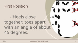 Fundamental Steps in Folk Dance 11
First Position
- Heels close
together; toes apart
with an angle of about
45 degrees.
2023
 