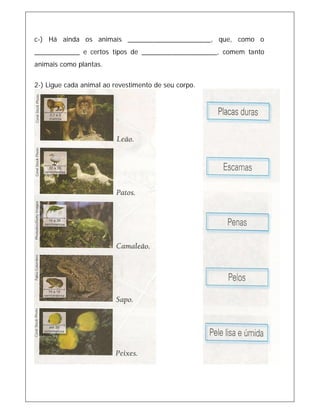 c-) Há ainda os animais ______________________, que, como o
____________ e certos tipos de ____________________, comem tanto
animais como plantas.
2-) Ligue cada animal ao revestimento de seu corpo.
 
