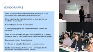 Quais foram os projetos de engenharia de Leonardo da Vinci e
como estes foram aprimorados ao longo do tempo?
Como a química dos materiais interfere no desempenho nos
resultados de um atleta?
Buracos Negros: a morte de uma estrela
O papel da propaganda nos sistemas totalitários (análise dos
discursos)
Quais processos históricos fizeram com que a África se tornasse o
continente onde há maior incidência de miséria e problemas sociais
Zeus e Jesus: mitos e rituais religiosos
A influência da radiação não ionizante na saúde humana
Beethoven sonata opus 81 “Les Adieux – como esta obra foi
influenciada pelo contexto histórico europeu?
MONOGRAFIAS
MENU
 