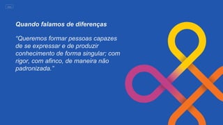 Quando falamos de diferenças
“Queremos formar pessoas capazes
de se expressar e de produzir
conhecimento de forma singular; com
rigor, com afinco, de maneira não
padronizada.”
MENU
 