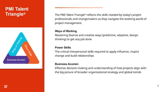 PMI Talent
Triangle®
7
The PMI Talent Triangle® reflects the skills needed by today’s project
professionals and changemakers as they navigate the evolving world of
project management.
Ways of Working
Mastering diverse and creative ways (predictive, adaptive, design
thinking) to get any job done
Power Skills
The critical interpersonal skills required to apply influence, inspire
change and build relationships
Business Acumen
Effective decision-making and understanding of how projects align with
the big picture of broader organizational strategy and global trends
 