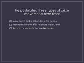 He postulated three types of price 
movements over time: 
• (1) major trends that are like tides in the ocean, 
• (2) intermediate trends that resemble waves, and 
• (3) short-run movements that are like ripples. 
 