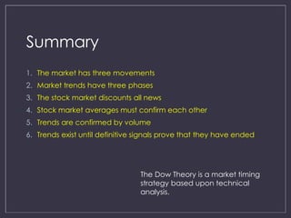 Summary 
1. The market has three movements 
2. Market trends have three phases 
3. The stock market discounts all news 
4. Stock market averages must confirm each other 
5. Trends are confirmed by volume 
6. Trends exist until definitive signals prove that they have ended 
The Dow Theory is a market timing 
strategy based upon technical 
analysis. 
 