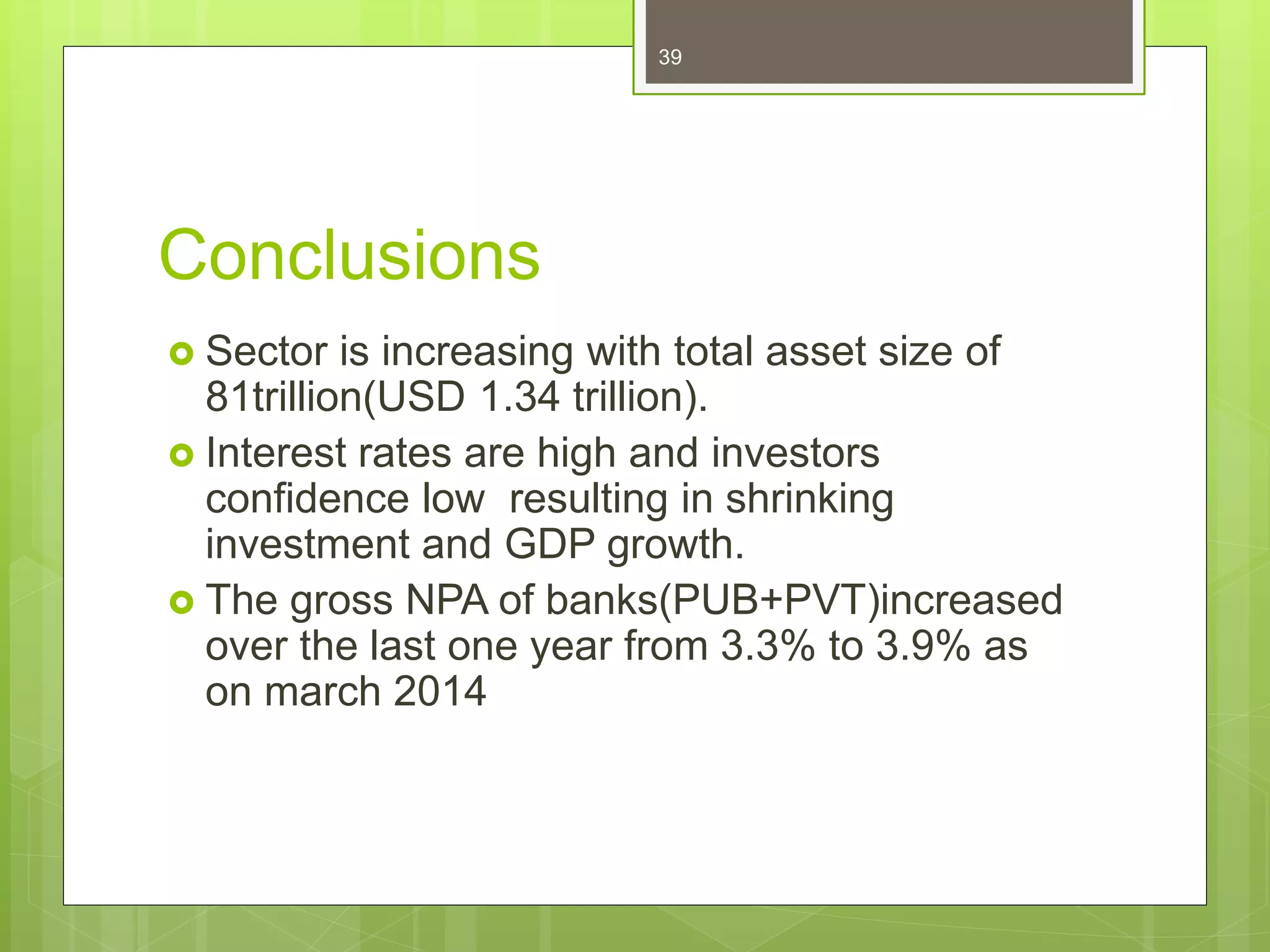 Conclusions
 Sector is increasing with total asset size of
81trillion(USD 1.34 trillion).
 Interest rates are high and investors
confidence low resulting in shrinking
investment and GDP growth.
 The gross NPA of banks(PUB+PVT)increased
over the last one year from 3.3% to 3.9% as
on march 2014
39
 