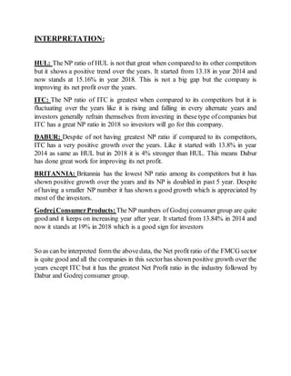 INTERPRETATION:
HUL: The NP ratio of HUL is not that great when compared to its other competitors
but it shows a positive trend over the years. It started from 13.18 in year 2014 and
now stands at 15.16% in year 2018. This is not a big gap but the company is
improving its net profit over the years.
ITC: The NP ratio of ITC is greatest when compared to its competitors but it is
fluctuating over the years like it is rising and falling in every alternate years and
investors generally refrain themselves from investing in these type ofcompanies but
ITC has a great NP ratio in 2018 so investors will go for this company.
DABUR: Despite of not having greatest NP ratio if compared to its competitors,
ITC has a very positive growth over the years. Like it started with 13.8% in year
2014 as same as HUL but in 2018 it is 4% stronger than HUL. This means Dabur
has done great work for improving its net profit.
BRITANNIA: Britannia has the lowest NP ratio among its competitors but it has
shown positive growth over the years and its NP is doubled in past 5 year. Despite
of having a smaller NP number it has shown a good growth which is appreciated by
most of the investors.
GodrejConsumerProducts:The NP numbers of Godrejconsumergroup are quite
good and it keeps on increasing year after year. It started from 13.84% in 2014 and
now it stands at 19% in 2018 which is a good sign for investors
So as can be interpreted form the abovedata, the Net profit ratio of the FMCG sector
is quite good and all the companies in this sectorhas shown positive growth over the
years except ITC but it has the greatest Net Profit ratio in the industry followed by
Dabur and Godrej consumer group.
 