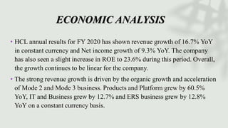 ECONOMIC ANALYSIS
• HCL annual results for FY 2020 has shown revenue growth of 16.7% YoY
in constant currency and Net income growth of 9.3% YoY. The company
has also seen a slight increase in ROE to 23.6% during this period. Overall,
the growth continues to be linear for the company.
• The strong revenue growth is driven by the organic growth and acceleration
of Mode 2 and Mode 3 business. Products and Platform grew by 60.5%
YoY, IT and Business grew by 12.7% and ERS business grew by 12.8%
YoY on a constant currency basis.
 