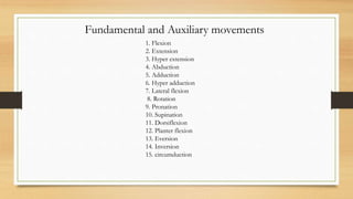 Fundamental and Auxiliary movements
1. Flexion
2. Extension
3. Hyper extension
4. Abduction
5. Adduction
6. Hyper adduction
7. Lateral flexion
8. Rotation
9. Pronation
10. Supination
11. Dorsiflexion
12. Planter flexion
13. Eversion
14. Inversion
15. circumduction
 