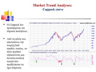 Market Trend Analyses:
Coppock curve
 O Coppock δεν
προσφέρεται για
σήματα πωλήσεων.
 Από τη φύση του,
αποτυπώνει την
έναρξη bull
market, κυρίως το
πότε περίπου
εδραιώνεται μια
δυνατή ανοδική
αγορά που
προβλέπεται να
έχει διάρκεια.
 