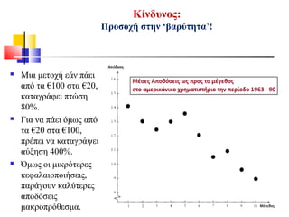 Κίνδυνος:
Προσοχή στην ‘βαρύτητα’!
 Μια μετοχή εάν πάει
από τα €100 στα €20,
καταγράφει πτώση
80%.
 Για να πάει όμως από
τα €20 στα €100,
πρέπει να καταγράψει
αύξηση 400%.
 Όμως οι μικρότερες
κεφαλαιοποιήσεις,
παράγουν καλύτερες
αποδόσεις
μακροπρόθεσμα.
 