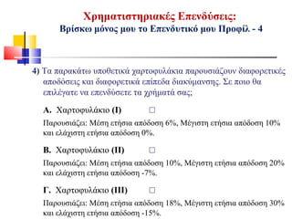 Χρηματιστηριακές Επενδύσεις:
Βρίσκω μόνος μου το Επενδυτικό μου Προφίλ - 4
4) Τα παρακάτω υποθετικά χαρτοφυλάκια παρουσιάζουν διαφορετικές
αποδόσεις και διαφορετικά επίπεδα διακύμανσης. Σε ποιο θα
επιλέγατε να επενδύσετε τα χρήματά σας;
Α. Χαρτοφυλάκιο (Ι) ☐
Παρουσιάζει: Μέση ετήσια απόδοση 6%, Μέγιστη ετήσια απόδοση 10%
και ελάχιστη ετήσια απόδοση 0%.
Β. Χαρτοφυλάκιο (ΙΙ) ☐
Παρουσιάζει: Μέση ετήσια απόδοση 10%, Μέγιστη ετήσια απόδοση 20%
και ελάχιστη ετήσια απόδοση -7%.
Γ. Χαρτοφυλάκιο (ΙΙΙ) ☐
Παρουσιάζει: Μέση ετήσια απόδοση 18%, Μέγιστη ετήσια απόδοση 30%
και ελάχιστη ετήσια απόδοση -15%.
 